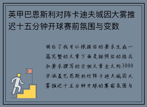 英甲巴恩斯利对阵卡迪夫城因大雾推迟十五分钟开球赛前氛围与变数