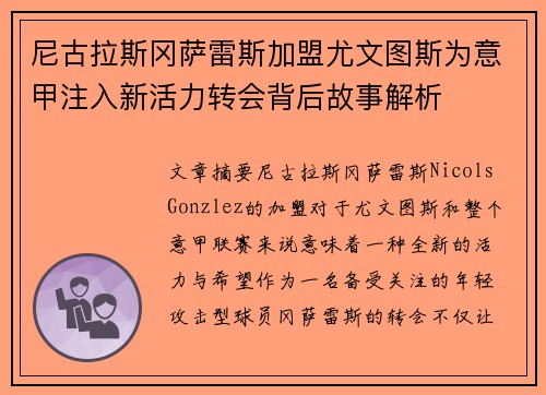 尼古拉斯冈萨雷斯加盟尤文图斯为意甲注入新活力转会背后故事解析